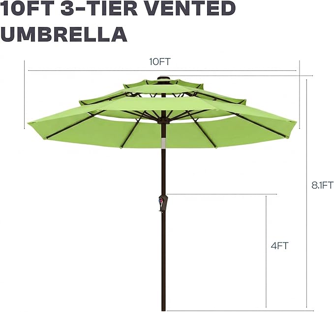 10ft 3 Tier Patio Umbrella, Outdoor Market Table Umbrella with UPF 50+ Vented Canopy, 8 Sturdy Ribs, Easy Push Button Tilt and Crank, Windproof for Deck, Pool, Backyard and Garden