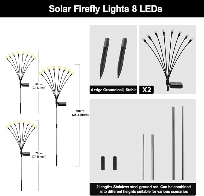 Solar Firefly Lights Outdoor, 8 Modes 800mAh Swaying Flashing Firefly Garden Lights Solar Powered Waterproof for Outside Yard Patio Pathway Lawn Christmas Garden Decor Warm White (2 Pack)