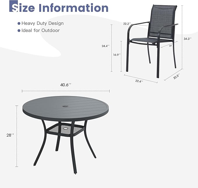 VICLLAX Round Outdoor Dining Set, Patio Table and Chairs Set Set of 4 Patio Stackable Chairs and 40.6" Outdoor Round Table with Umbrella Hole for Lawn Garden, Dark Grey Chairs and Dark Grey Table