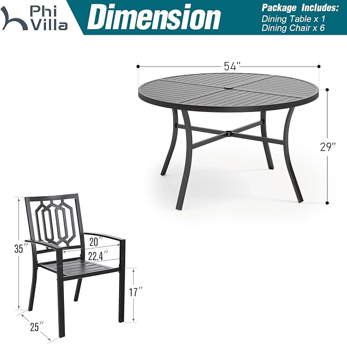 PHI VILLA 7 Pcs Outdoor Dining Set, 54" Round Table& Stackable Chairs | Wrought Iron Dining Table w/ Umbrella Hole & Stackable Steel Chairs, Patio Furniture Set for Patio, Deck, Yard, Porch