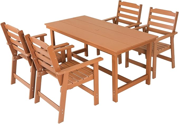 FUNBERRY Outdoor Dining Set, HDPE 5 Piece Dining Table Set with Chairs | 2" Umbrella Hole Table, Wood-Grain, HDPE All Weather, No Rot or Rust or Crack, UV Fade Shield, Easy-Clean for Outside