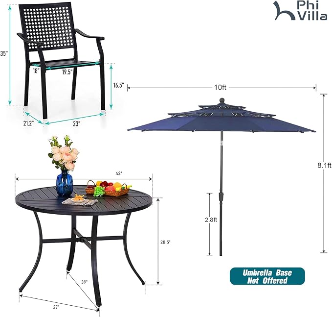 PHI VILLA 5pc Outdoor Table Set w/Umbrella, Round Metal Table & Chairs | 42" wrought iron table & stackable chairs w/ cushions. 10ft blue umbrella. Patio furniture set for deck, porch, backyard.