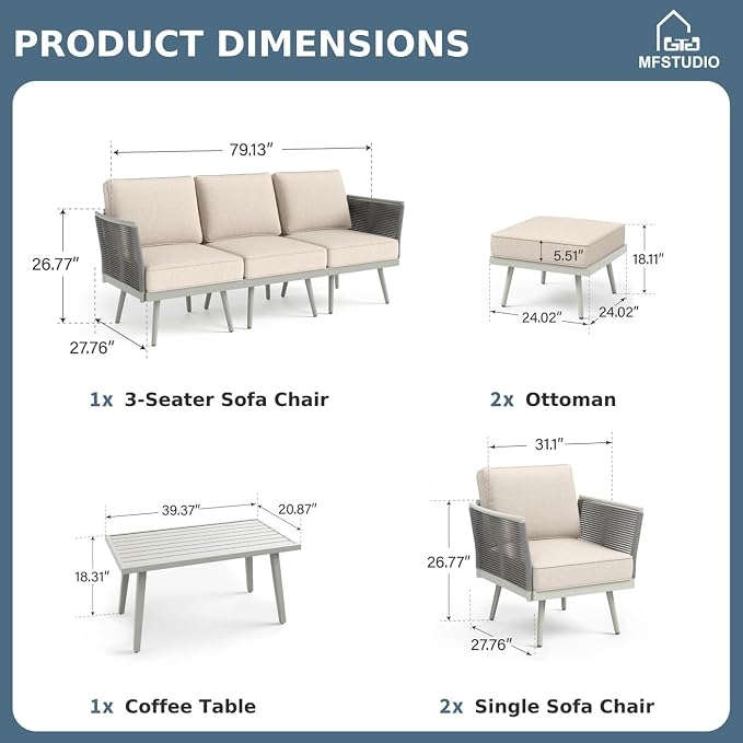 MFSTUDIO 8 Pieces Metal Patio Furniture Sets with Detachable Rope Rattan Armrest, 7 Seats Steel Outdoor Conversation Set All Weather Patio Sectional Couch with Coffee Table & Ottomans, Beige Cushion