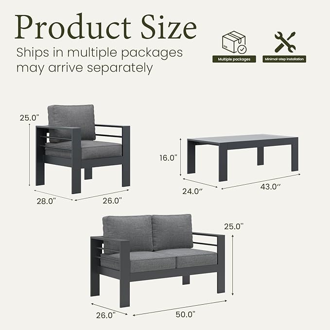 LayinSun Outdoor Aluminum Furniture Set, 4 Pieces Patio Sectional Conversation Chat Sofa Modern Seating Set with Coffee Table