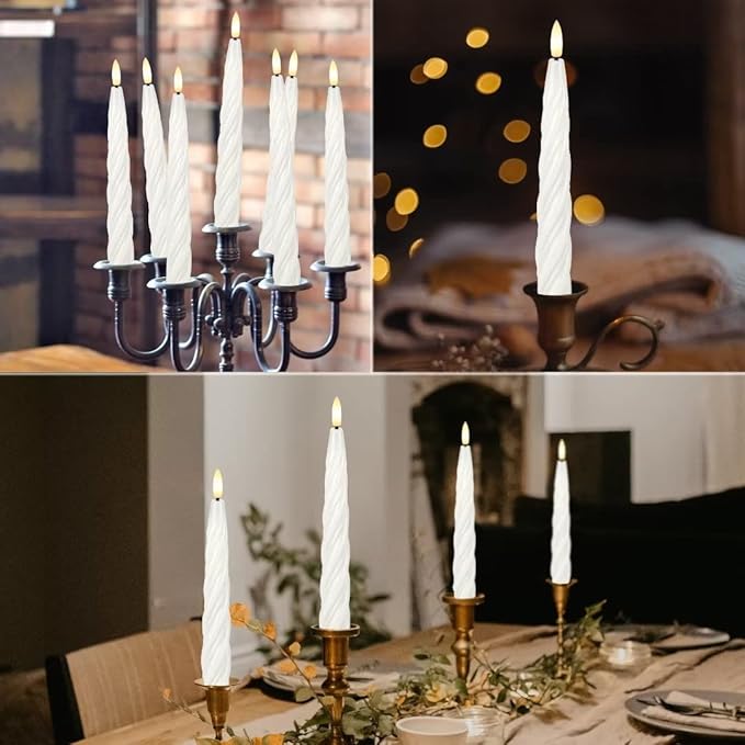 Flameless Taper Candles with 3D Wick, 9.6" Real Wax LED Candles with Remote and Timer, 3 Pack Flickering Candlesticks Battery Operated, Spiral Taper Candle for Home, Wedding, Party, White
