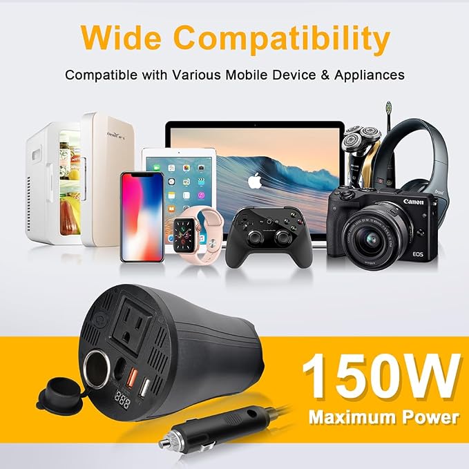 150W Car Power Inverter, DC 14V to AC 110V for Tesla & 12V Vehicles, Cup Holder Design Car Charger with Type C Led Display Screen Dual USB Quick Charge 3.0 and AC Outlets Cigarette Lighter Outlet