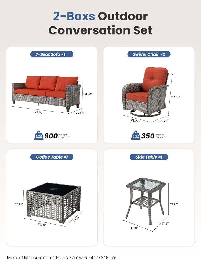 5-Piece Outdoor Patio Furniture Set with Swivel Chairs, Outdoor Conversation Wicker Sofa with Coffee Table, Rattan Couch for Deck, Backyard, Poolside (Orange)