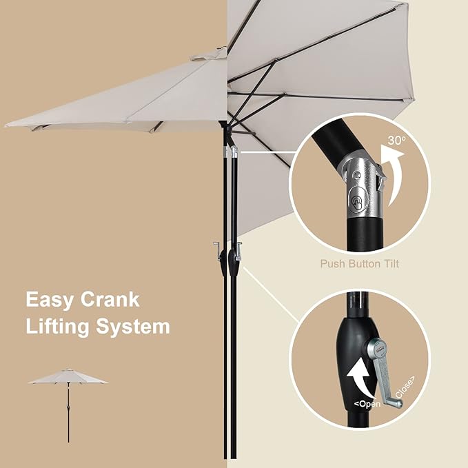 Tempera Striped Patio Umbrellas Outdoor Table Market Umbrellas with Crank & Pust Button Tilt|Auto-Tilt, 8 Steel Ribs, High Color-Fastness Canopy