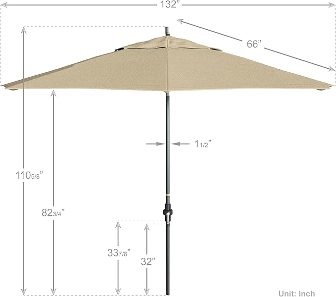 California Umbrella 11Ft Premium Sunbrella Patio Umbrella, Hand-Crank, Tilt-Collar, Gray Frame, Canvas Fabric