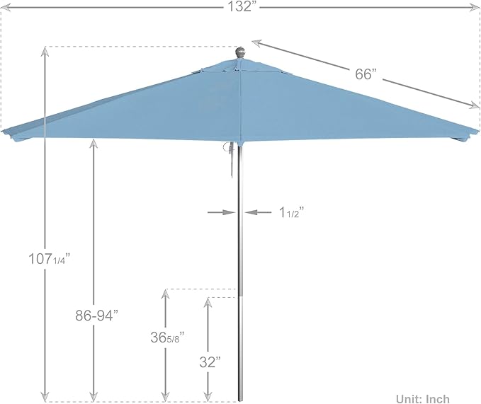 California Umbrella 11Ft Commercial Grade Sunbrella Fabric Market Umbrella, Pulley Lift, Aluminum/Fiberglass, 2mm pole wall, Silver Frame, Air Blue Fabric