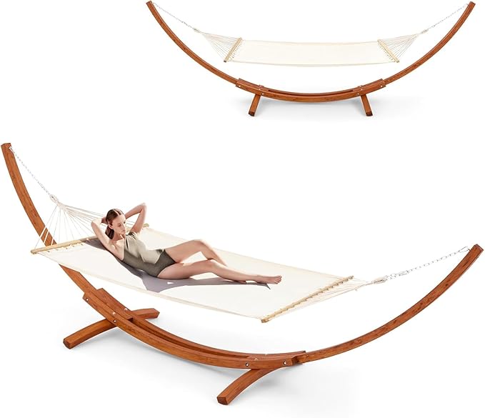 ECOTOUGE 13 FT Hammock with Stand, Heavy Duty Hammock Stand, 2 Person Heavy Large Hammock Bed for Porch, Patio, Balcony, Garden, Backyard, Load 550lbs 550LBS, White-Yellow