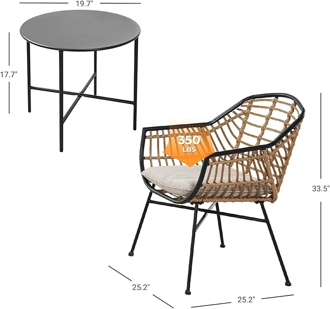 Grand patio Patio Furniture Set, Outdoor Wicker Patio Conversation Seating Chair with Cushions and Coffee Table, Boho Seating Chat Set for Indoor Outdoor, Balcony, Porch, Garden, Deck