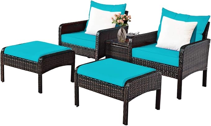 COSTWAY 5 PCS Patio Rattan Furniture Set, Outdoor Cushioned Sofa with Ottomans and Coffee Table, Wicker Conversation Set for Backyard Porch Lawn Poolsid, Turquoise