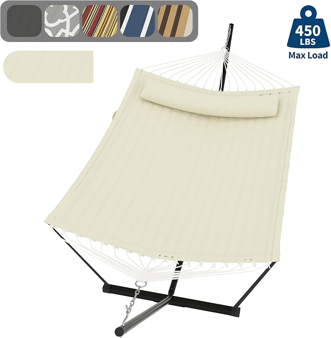 TrailBlaze Double Hammock with Stand and Pillow for 2 Persons – Large Freestanding Outdoor Hammock, 450 lbs Capacity – Wooden Spreader Bar, Balance Rope & Chains – Patio, Garden, Poolside – Offwhite