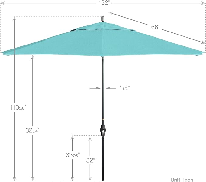 California Umbrella 11Ft Premium Sunbrella Patio Umbrella, Hand-Crank, Tilt-Collar, Gray Frame, Aruba Fabric
