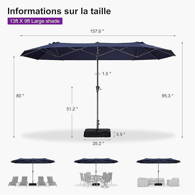 PURPLE LEAF 13ft Double-Sided Patio Umbrella with Base Included Market Rectangle Umbrella Outdoor Table Umbrella with Crank for Pool Garden Deck, Navy blue