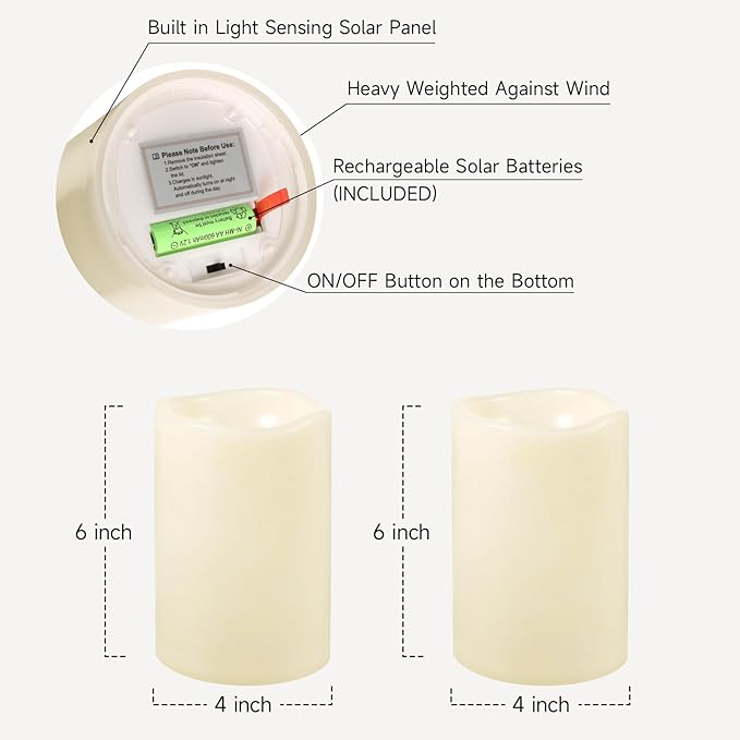NURADA Large Outdoor Solar Candles Waterproof - 6" x 4" Rechargeable Solar Powered Flameless LED Pillar Flickering Candle for Patio Porch Lanterns Decor - Ivory Set of 2