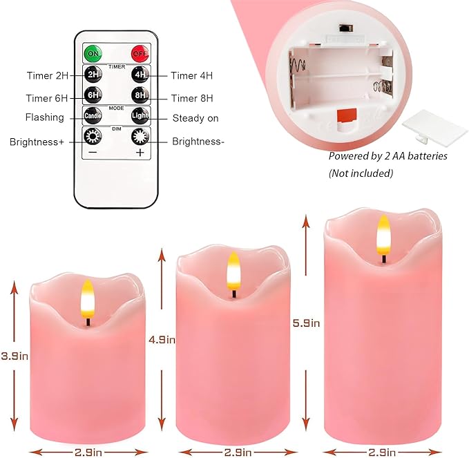 VEEKI Flameless Candles Light, Set of 3 Flickering LED Candle with Remote & Timer, Dimmable Electric Pillar Candles Battery Operated, Pink Candles for Valentine's Day Xmas Home Decor (3PC)