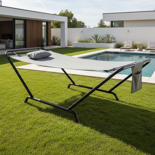 Freestanding Outdoor Hammock Set with Heavy-Duty Steel Frame, 550LBS Capacity, Soft Pillow, Oxford Fabric Bed & Carry Bag for Patio Yard Relaxation