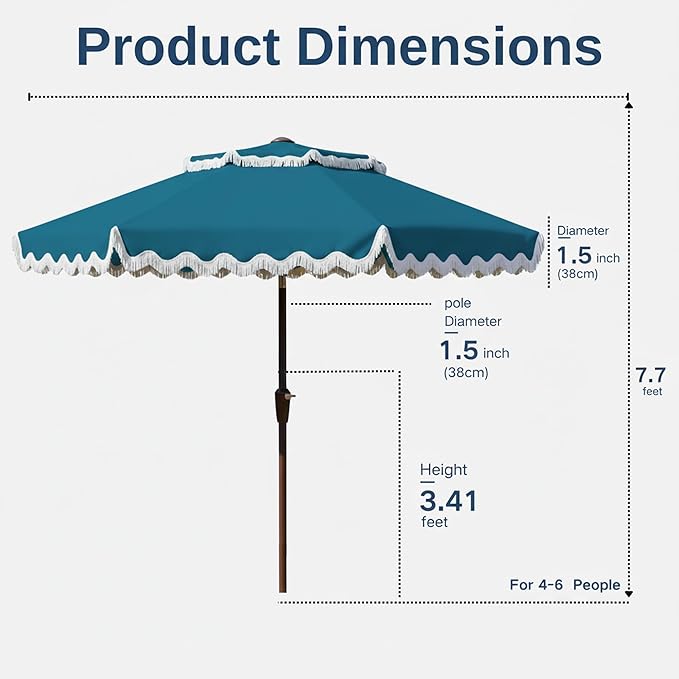 9FT Patio Umbrella with Fringe,Tassel Umbrella with Push-Button Tilt | UPF 50+ & Rust-Resistant Fiberglass Frame for Patio, Pool,Garden,Yard(Lake Blue)