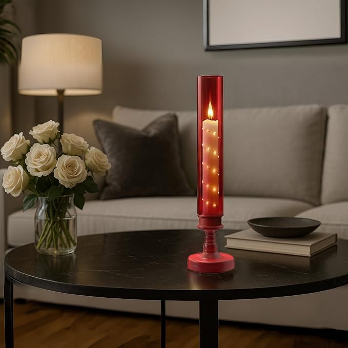 6 PCS Flameless Candles with Timer, Flickering Flameless LED Pillar Candles for Romantic Ambiance with Embedded Star String, Acrylic Battery Perated Fake Candles for Home Decoration (Red)