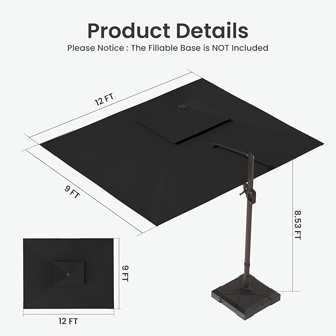 9x12 FT Cantilever Patio Umbrella with Base and Led Lights Double Top Outdoor Rectangular Large Heavy Duty Aluminum Offset Umbrellas with 7 Level Tilt 360-degree Rotation for Pool Garden Deck, Black
