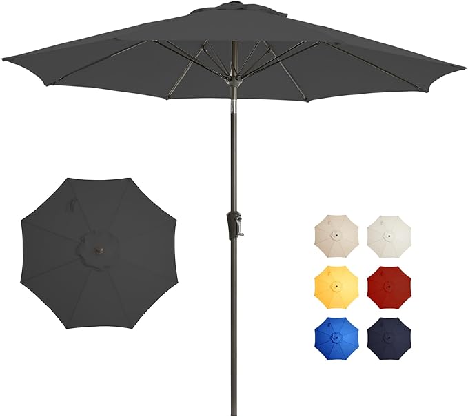 9FT Large Outdoor Patio Umbrella Pool Market Umbrella-UV Resistant, Easy Push Button Tilt and Crank, 8 Sturdy Ribs Heavy-Duty Table Umbrella for Deck, Backyard, Garden (Black)