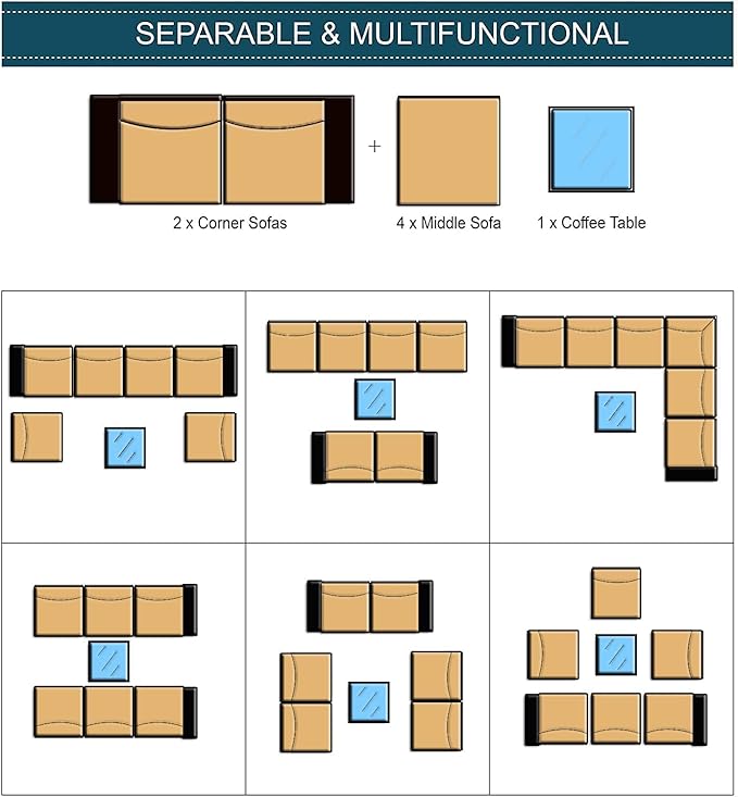 7 Pieces Outdoor Patio Furniture Sets,Wicker Conversation Set Sectional Sofa,Includes 6 All-Weather High Back PE Rattan Seating Components w/Thickened Cushions&Coffee Table,Gray