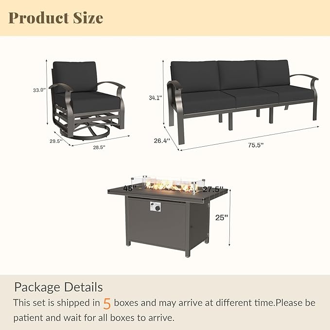 Aluminum Patio Furniture Set with 55,000 BTU Propane Fire Pit Table, 8 Seats Metal Modern Outdoor Furniture w/5.1" Cushions, Sectional w/Swivel Chairs for Backyard, Dark Grey