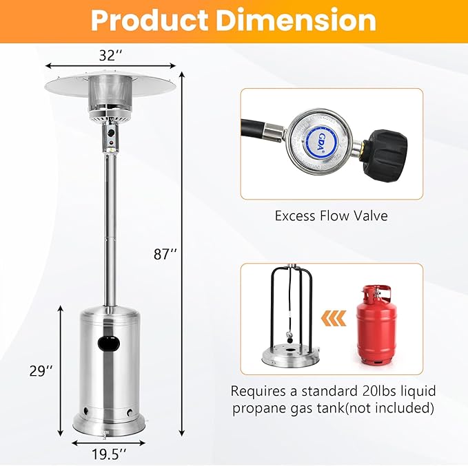 HAPPYGRILL Patio Heater, 48,000 BTU Outdoor Propane Heater with Wheels, Reflective Cover, Triple-Over Protection, Portable Stainless Steel Patio Heater for Outdoor Use, Garden