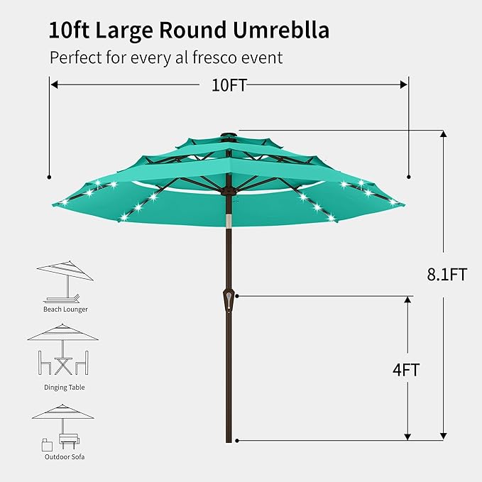 Kingdura 10ft 3-Tier Patio Umbrella with Solar Lights, Table Umbrella Outdoor Patio with Easy Crank & Tilt, 8 Sturdy Ribs, UV Protection, 32 LED Lights for Deck, Poolside, Market (Tiffany blue)