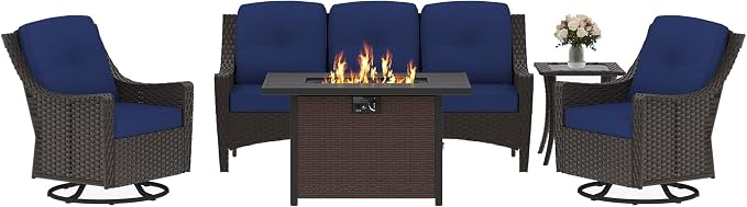 5-Piece Patio Furniture Set, Featuring a fire Pit Table, Rattan Swivel Chairs, Patio Sofa, and Side Table. Ideal for backyards, patios, and Poolside Areas.