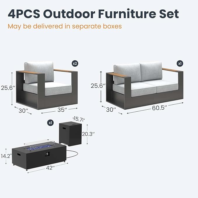 Aluminum Patio Furniture Set, 4 Seats Luxury Seating Furniture with 42" Fire Pit Table, All Weather Outdoor Conversation Sets with 6" Thickened Cushions