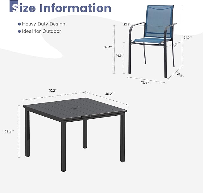 VICLLAX 5 Pieces Patio Dining Set, Patio Furniture Set of 4 Patio Stackable Dining Chairs and Outdoor Metal Square Table with Umbrella Hole for Backyard Lawn Garden, Blue Chairs and Black Table