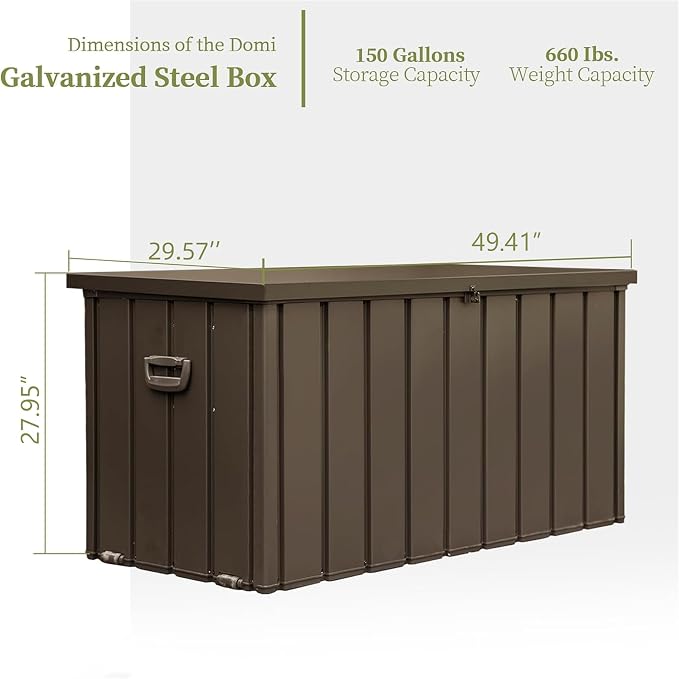 150 Gallon Metal Deck Box, Outdoor Storage Box Waterproof with Wheels, Lockable Storage Container for Patio Furniture Cushions Garden Tools, Dark Brown
