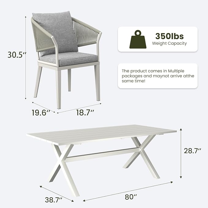 LayinSun 7 Piece Outdoor Dining Table Set, Aluminum Modern Rectangular Dining Table and All-Weather Wicker Chairs Set for Patio Deck Indoor Decor Kitchen
