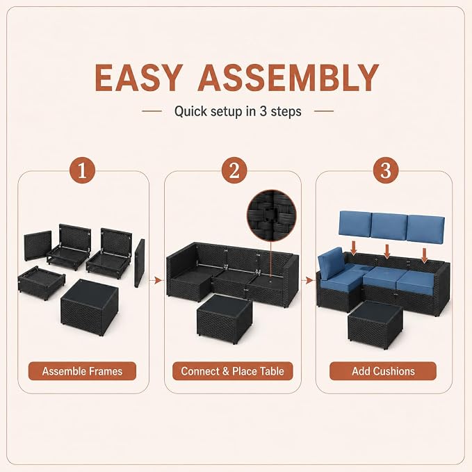 JAMFLY 5-Piece Patio Furniture Set, Outdoor Wicker Sectional Sofa with 4-Inch Thick Cushions & Coffee Table, All-Weather PE Rattan Conversation Set for Backyard, Garden, Poolside, Aegean Blue