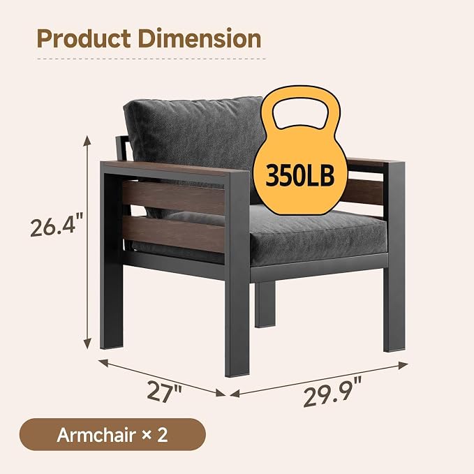 Outdoor Aluminum Patio Furniture Armchair, 2Pcs Patio Conversation Armchair with Thick Washable Cushions and 15.2"H Supported Back, Oversized 3.2” Widened Armrest for Backyard Porch Deck Dalcony