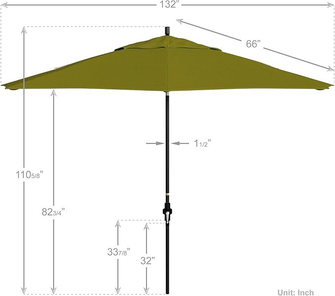 California Umbrella 11Ft Fiberglass Rib Patio Umbrella, Hand-Crank, Tilt-Collar, Black Frame, Solution Dyed Kiwi Fabric