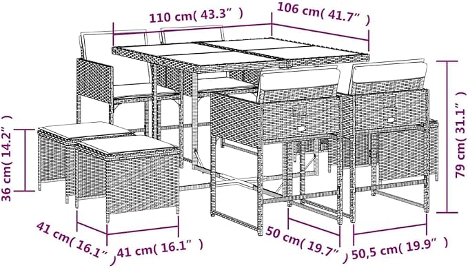 9-Piece Rattan Patio Dining Set, Rectangular Table, Black & Cream | Includes 8 stackable chairs with removable cushions, ideal for outdoor backyard and terrace family gatherings.