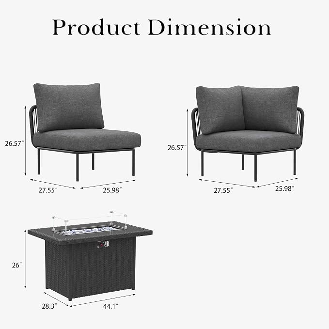 LayinSun 7 Pieces Aluminum Patio Furniture Set, Modern Modular Sectional Sofa with Fire Pit Table and Upgrade Thickness Cushion