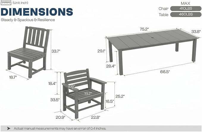 Perli™ 5-Piece Outdoor Dining Set, All-Weather HDPE Patio Furniture with 4 Armrest Chairs and Rectangular Table, UV-Resistant 4-Person Set for Deck, Backyard, Grey