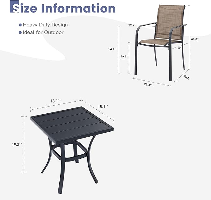 VICLLAX Outdoor Set for 2, Small Patio Table and Chairs Set of Stackable Patio Sling Chairs and Square Dining Table for Front Porch, Brown Fabric and Black Table