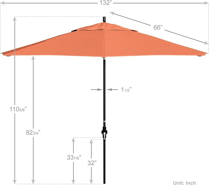 California Umbrella 11Ft Premium Sunbrella Patio Umbrella, Hand-Crank, Tilt-Collar, Black Frame, Melon Fabric