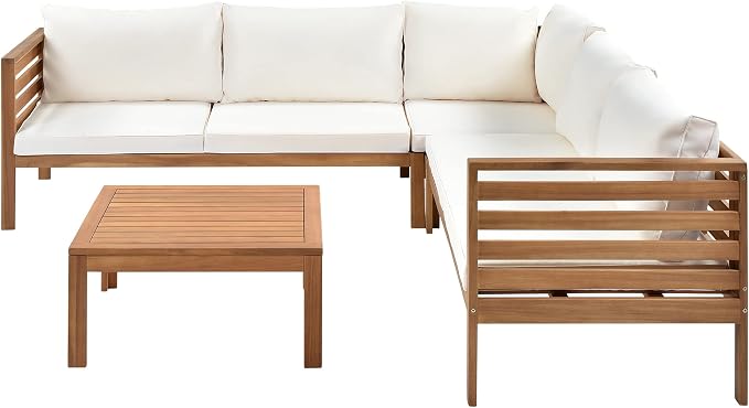 Wood Structure Outdoor Sofa Set, Acacia Wood Conversation Sofa and Table Set with Water-Resistant Cushions, Sectional Sofa Set for Gazebo Garden Balcony Poolside, Beige