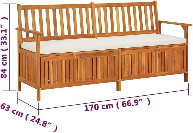 Patio Storage Bench with Cream White Cushion, Outdoor Wooden Deck Box, Solid Wood Patio Furniture for Outdoor Cushions, Pool Storage and Garden Tools, 66.9"x24.8"x33.1", -334