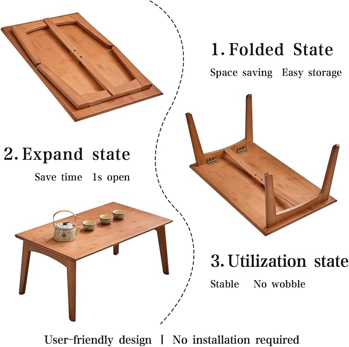 JIKUGO Bamboo Folding Coffee Table, No Assembly Required, Japanese Floor Table for Bedroom Living Room, Walnut, 23.6 x 15.7 x 9.8 Inches