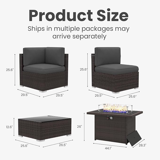 8 Pieces Patio Furniture Set with 44" Propane Gas Fire Pit Table, Outdoor Sectional Brown Rattan Wicker Conversation Sofa Sets with Coffee Table
