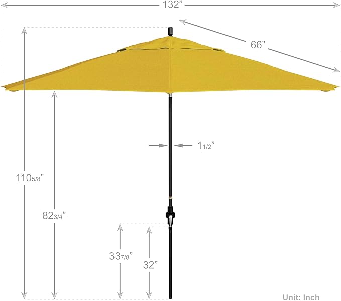 California Umbrella 11Ft Fiberglass Rib Patio Umbrella, Hand-Crank, Tilt-Collar, Black Frame, Solution Dyed Lemon Fabric