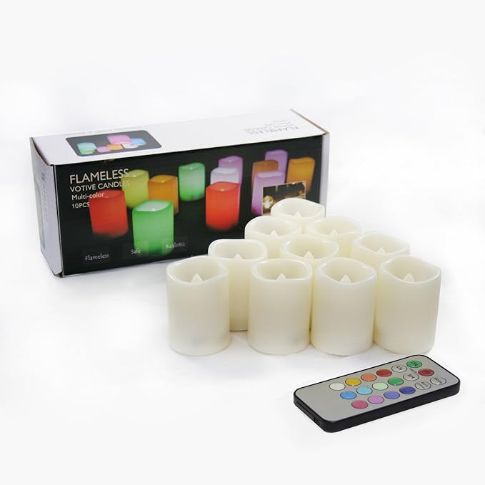 Flickering Battery Operated Color Changing Flameless LED Votive Candles with Remote Long Lasting Decorative Electric Multi Colors Candle Set for Wedding Party Decorations 10 Pack Battery Included